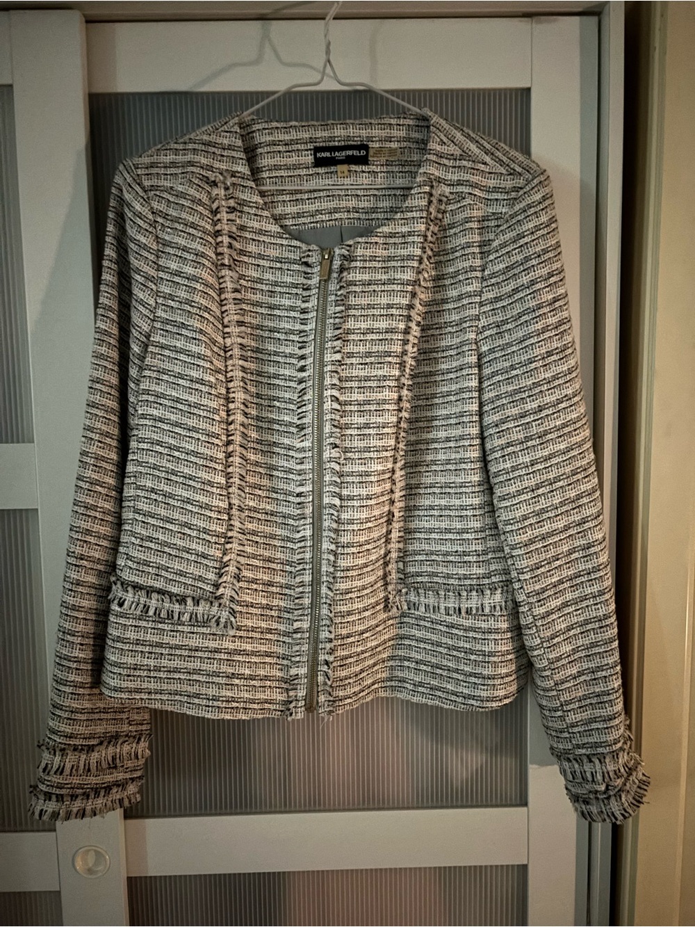 Karl Lagerfeld Ivory and Black Tweed Zip-Front Blazer